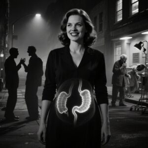 Black and white image of a woman smiling with an X-ray of internal organs visible on her abdomen.