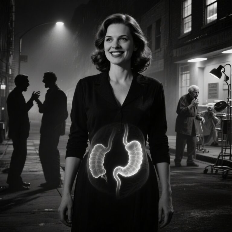 Black and white image of a woman smiling with an X-ray of internal organs visible on her abdomen.