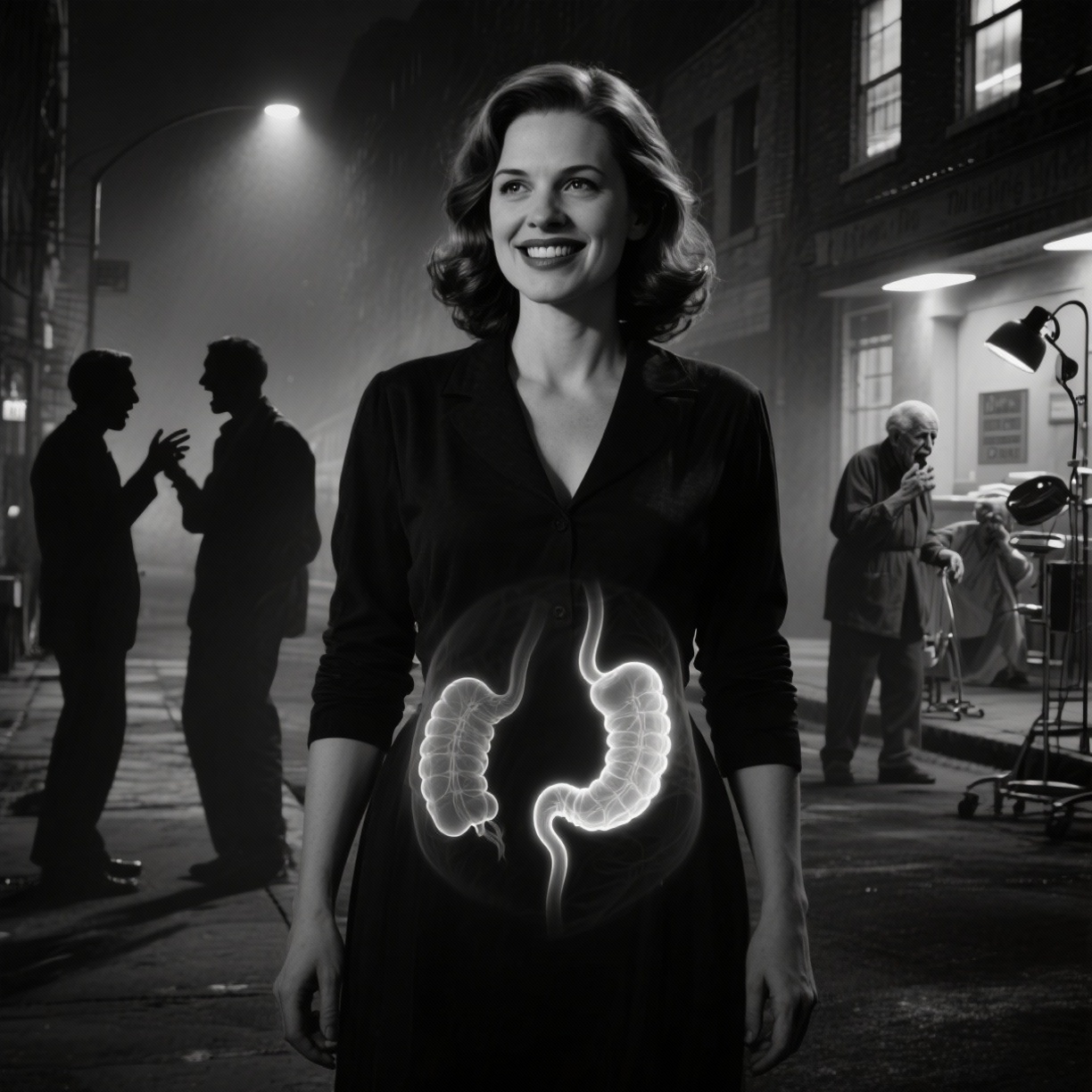 Black and white image of a woman smiling with an X-ray of internal organs visible on her abdomen.